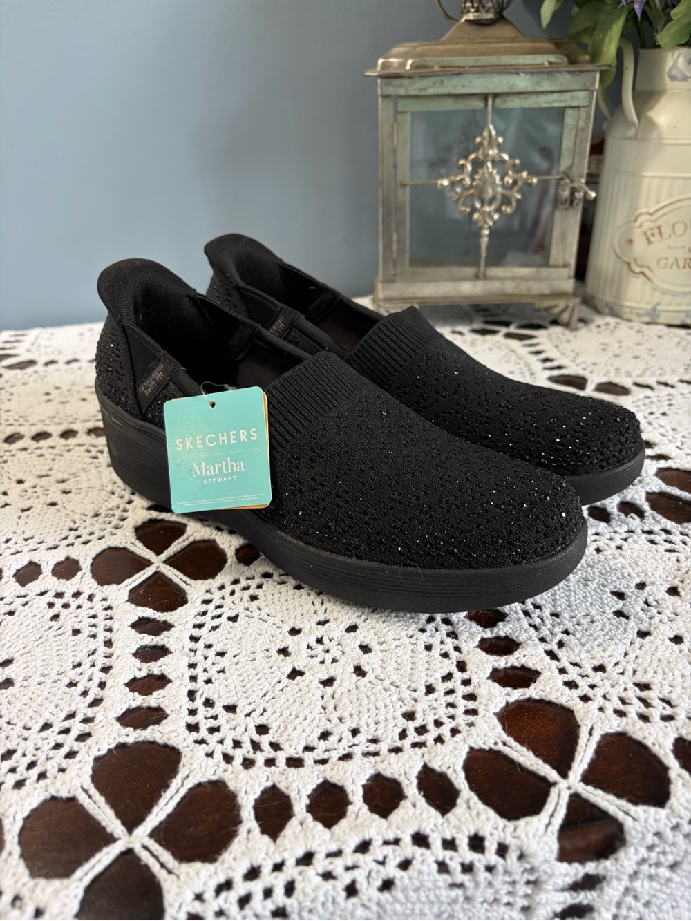 Skechers Martha Hands Free Slip-On Wedge Black Knit w/ Rhinestone Sparkle